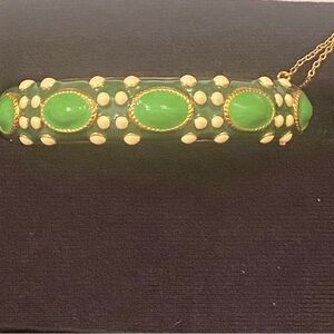 Designer two tone green enamel & gold tone bracelet safety clasp & chain